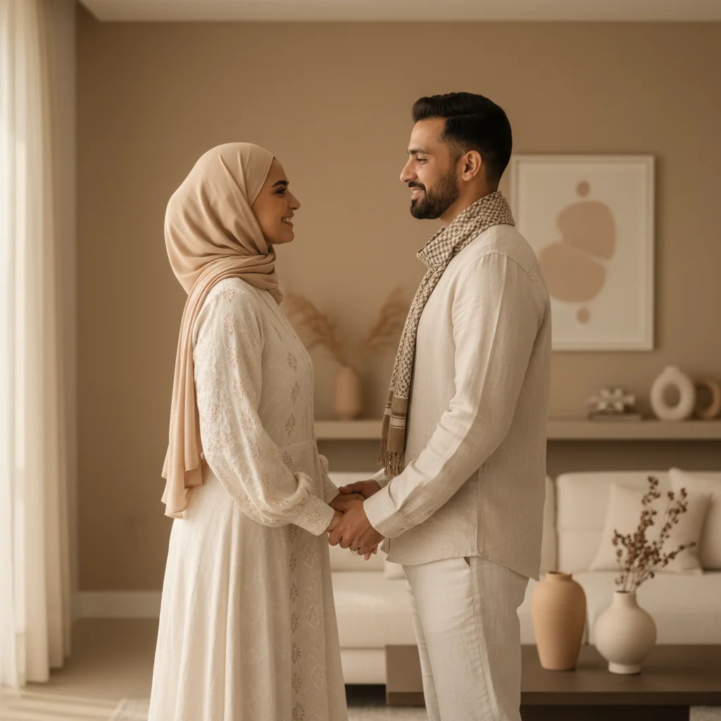 Happy couple looking at phone together